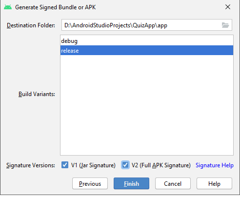 In this image you see the options when generating a signed bundle or APK